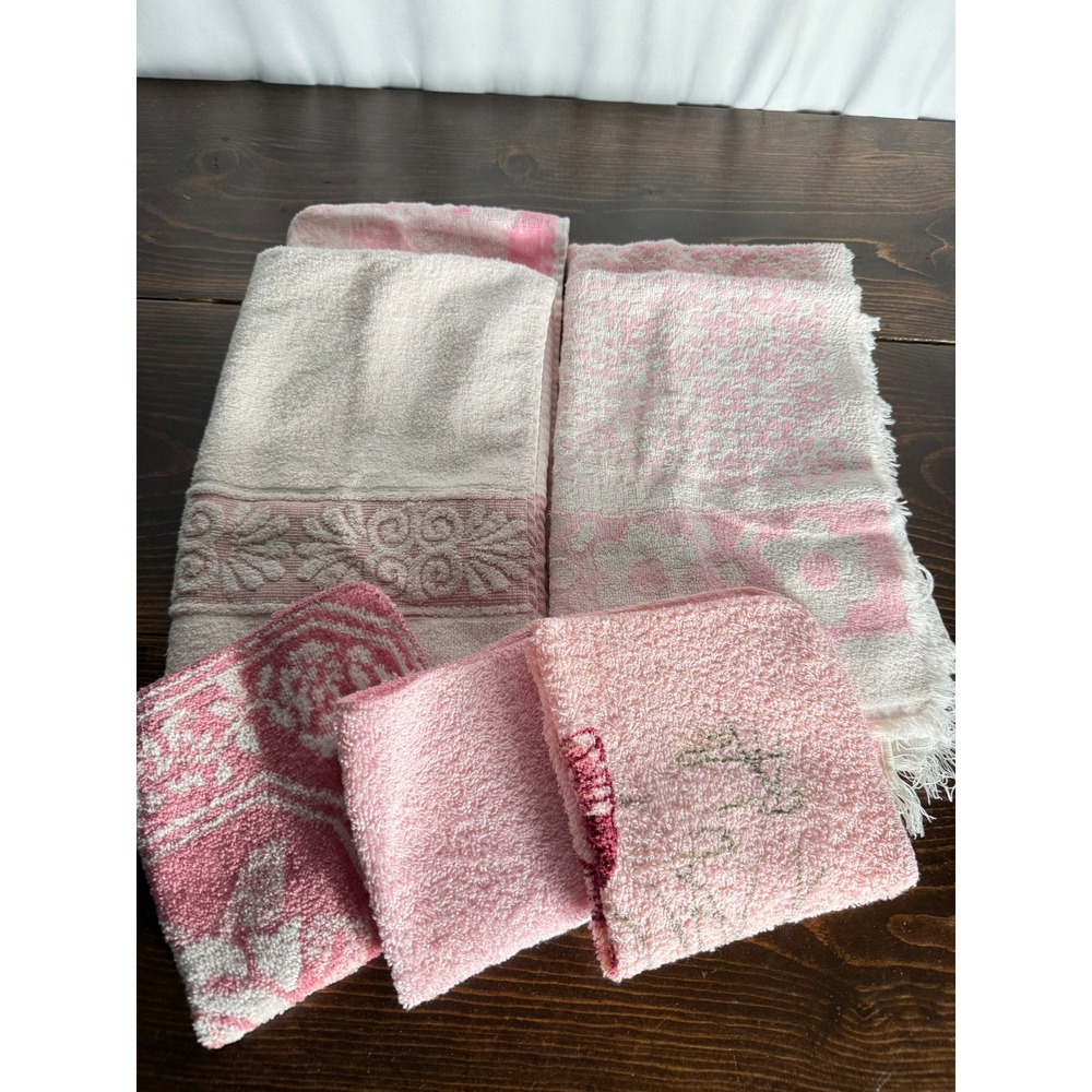 Vintage Pink White Floral Butterfly Towel Setβ Fringe Hand Towels Washcloths 7pc